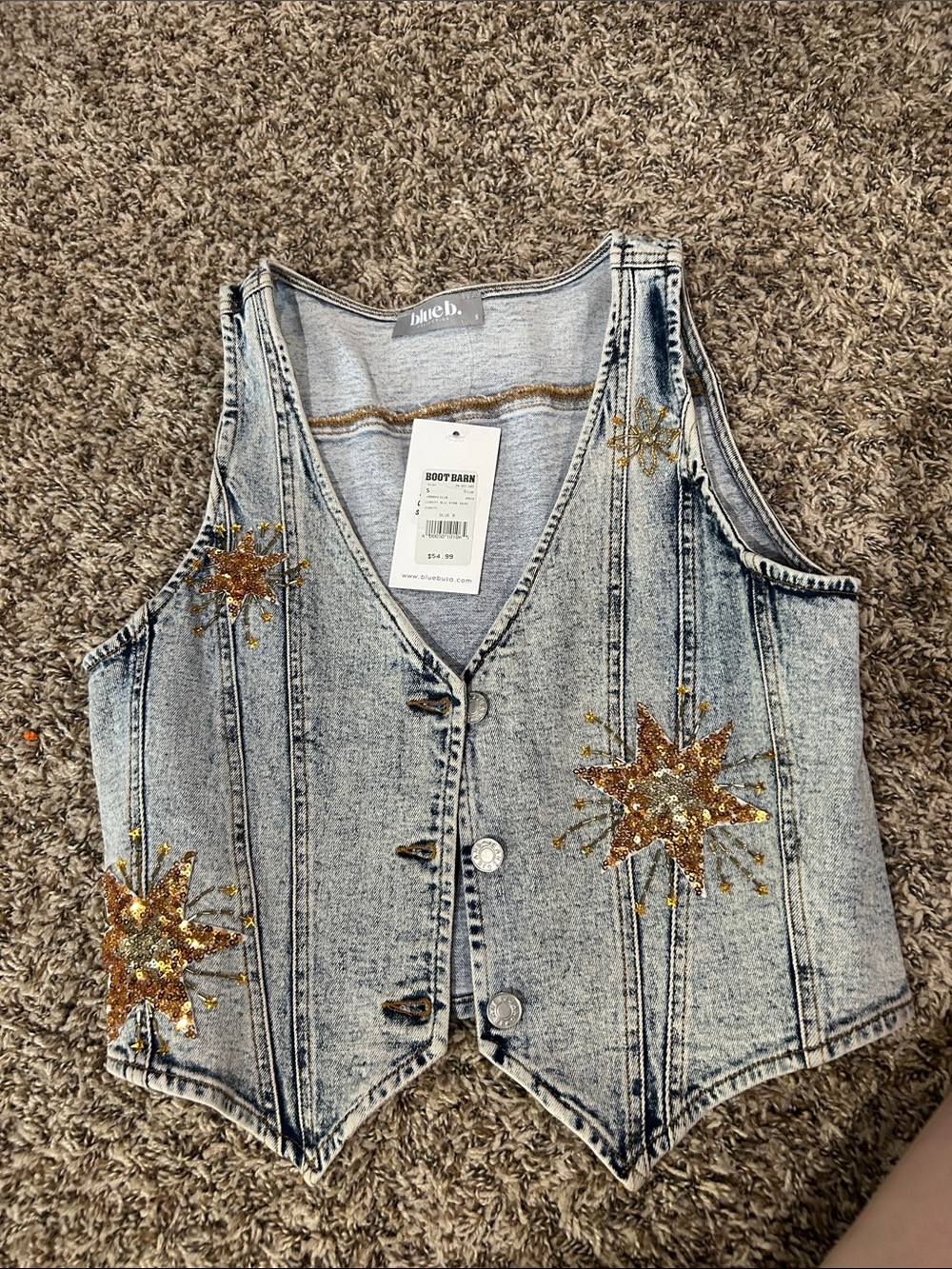 Boot Barn Blue B. Acid Wash Denim Vest with Gold Sequin Stars